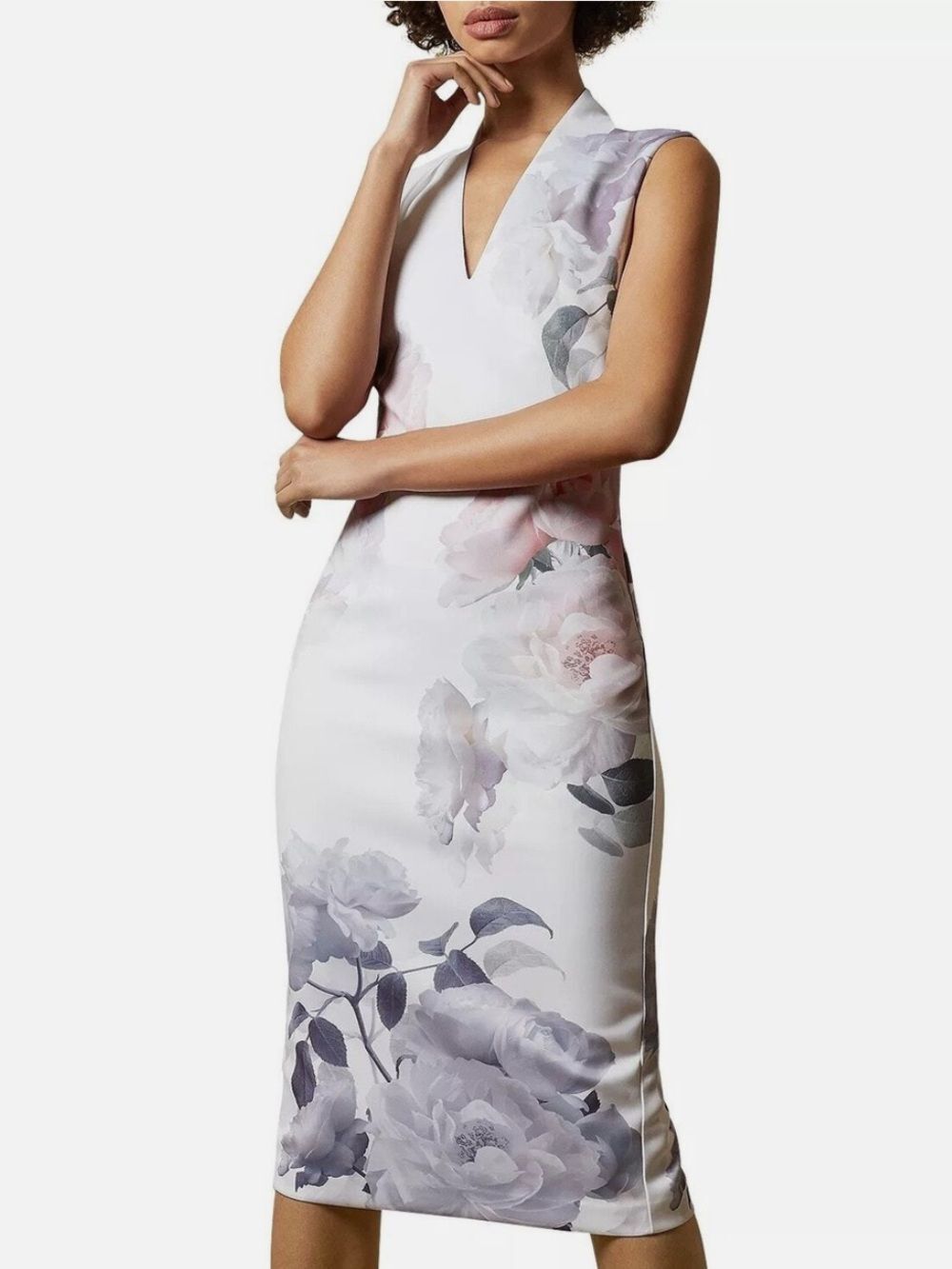 Ted Baker 14/5 MARAH White Ivory Pink Gray Floral Sleeveless Bodycon Midi Dress
